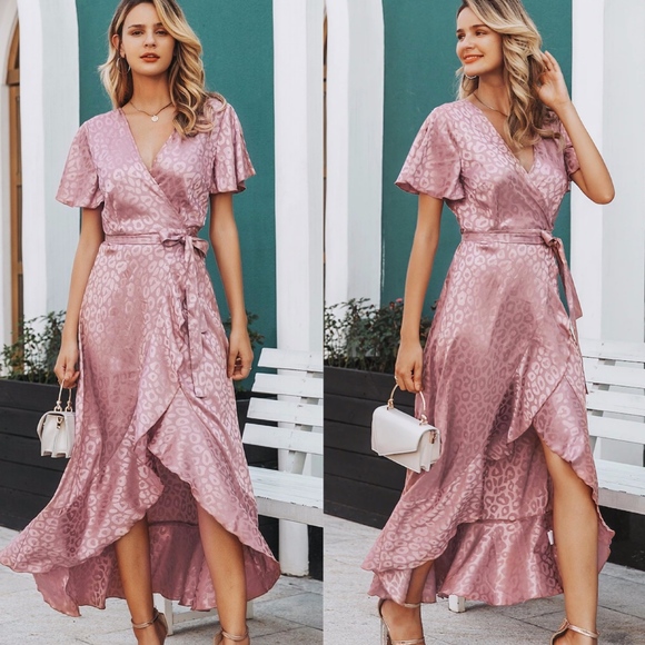 Dresses & Skirts - DINA Leopard Print Blush Wrap Maxi Dress